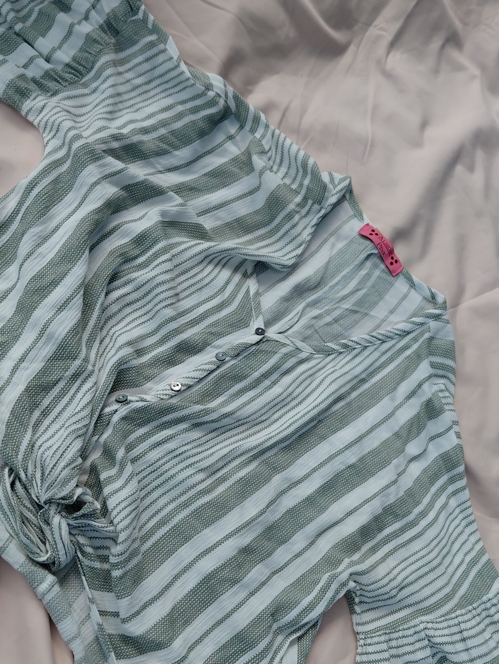 Striped V-Neck Tie-Front Blouse in Light Green and White
